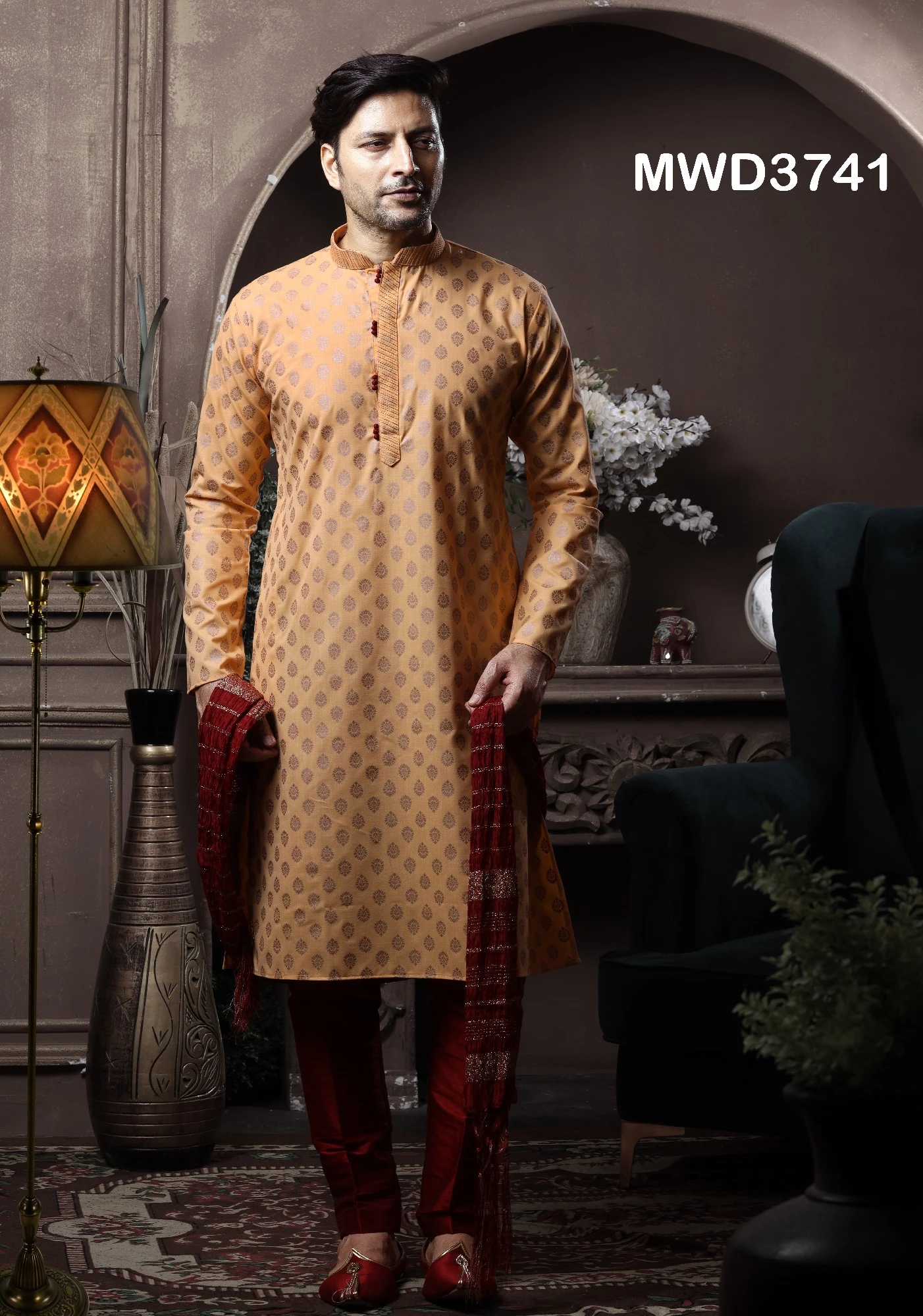 Peach Printed Designs Mens Kurta Pajama, 36-1.webp